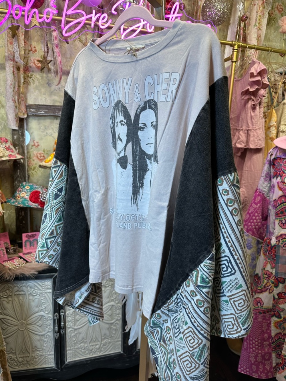 Sonny & Cher Graphic Boho tee w/KANTHA Kimono Sleeves- Blue Velvet - Picture 5 of 8